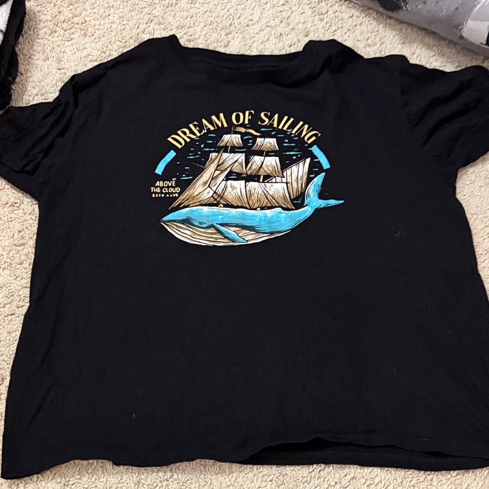 Black T-Shirt with Sailing Ship and Whale Graphic Visitor Premium 2X